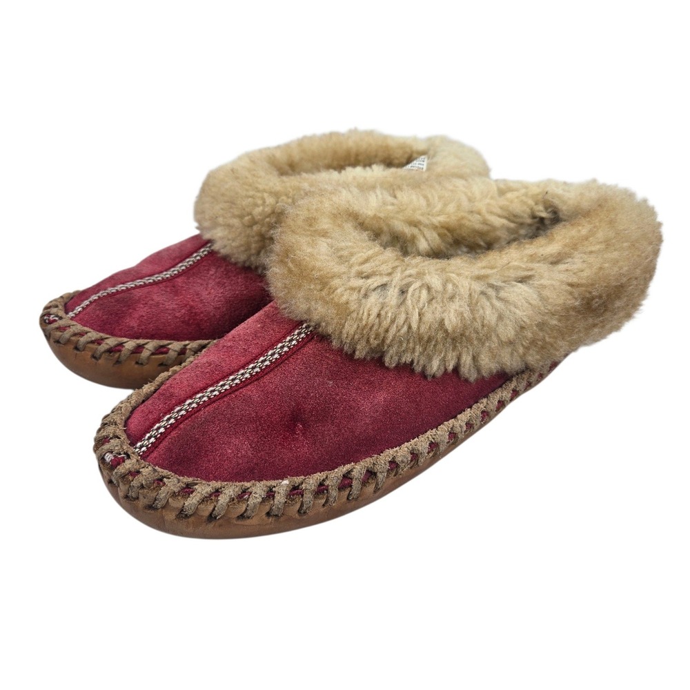 LL Bean Wicked Good Moccasin Slippers Red Suede Shearling Lined Womens‎ 7